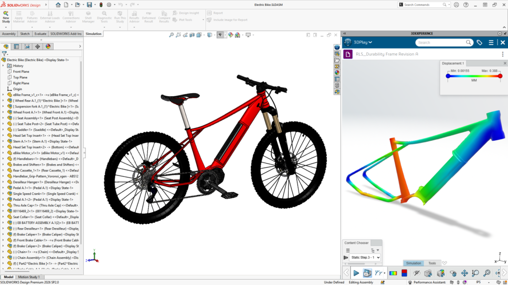 Giao diện SOLIDWORKS: mô hình xe đạp và phân tích kết cấu